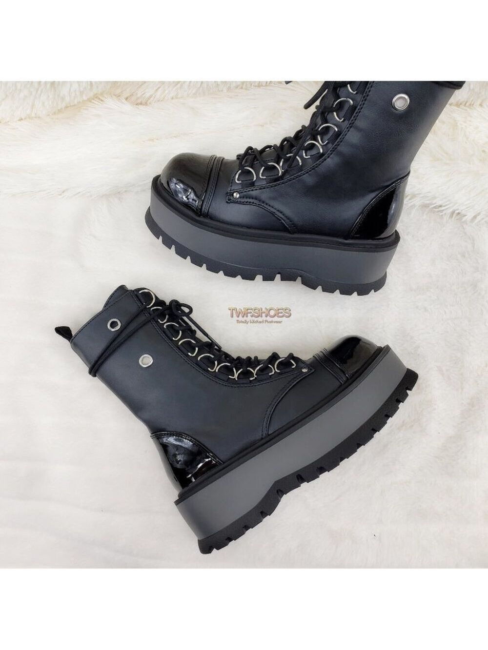Black Matte & Patent Goth Platform Ankle Boots